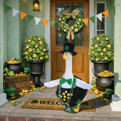Watayo 4 Pcs/Set St. Patrick's Day Porch Goose Outfits, Shamrock Gold Coin Lawn Goose Statue Costume, Irish Clover Pot Garden Goose Clothes with Hat Bead Necklaces for 23" High Statue Patio Yard Decor