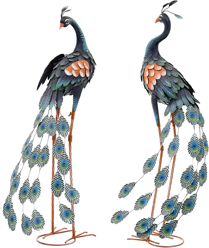 36" Oversized Peacock Decor Set of 2, Hand-Painted Metal Yard Art, Weatherproof Outdoor Garden Statues & Sculptures for Lawn, Flower Beds, Patio, Backyard or Indoor Kitchen & Home Decor