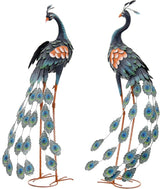 36" Oversized Peacock Decor Set of 2, Hand-Painted Metal Yard Art, Weatherproof Outdoor Garden Statues & Sculptures for Lawn, Flower Beds, Patio, Backyard or Indoor Kitchen & Home Decor