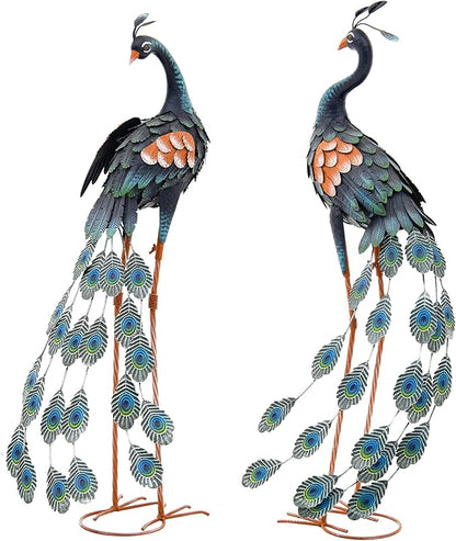 36" Oversized Peacock Decor Set of 2, Hand-Painted Metal Yard Art, Weatherproof Outdoor Garden Statues & Sculptures for Lawn, Flower Beds, Patio, Backyard or Indoor Kitchen & Home Decor