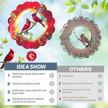 Cardinal Wind Spinner, IDEA SHOW 12Inch Metal 3D Kinetic Metal Wind Spinners, Cardinal Gift for Women, Mom, Garden & Yard Decor Outdoor/Indoor Decoration, Dynamic Art Hanging Sculpture (12In-Cardinal)