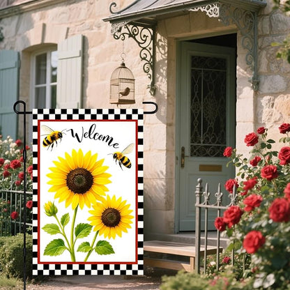 IVN Welcome Garden Flag 12x18 Inch Double Sided Spring Summer Yard Flags Sunflower Bees Decorative Small Flags for Outdoor Seasonal Front Door Lawn Porch Patio Decor Yard Flag