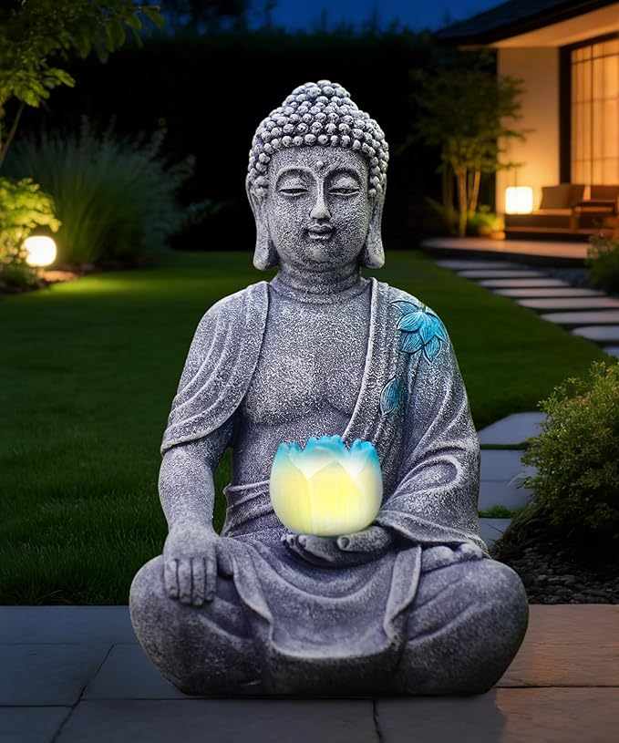 Nacome Solar Buddha Garden Statue Decor: Resin Zen Decor Waterproof Sitting Figurine with Lotus Flower Light Design for Outside Patio Lawn Yard Balcony - 8.3 inches(Grey)