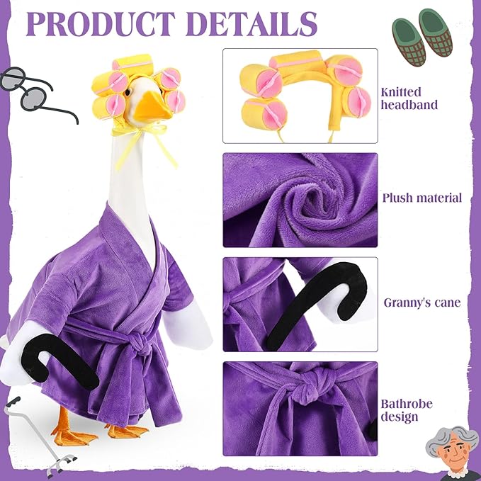 Shyyween Old Lady Porch Goose Outfit 23 Inch Cement Plastic Lawn Goose Statue Clothes Winter Pjs Purple Bathrobe and Curlers Coffee Cup Crutch Set
