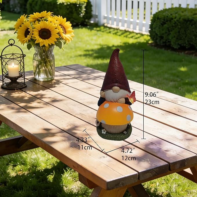 Solar Garden Gnome with mushroom for Garden Decor: IP44 Weatherproof Resin with Automatic Lighting - No Installation- Outdoor Yard Patio Balcony Art - Birthday Gifts for Bird Lovers Mom Grandma Women