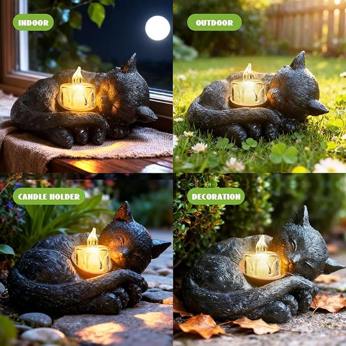 Sleeping Cat Candle Holder Statue Realistic Resin Cat Figurine with Candle Tray Outdoor Garden Decor for Patio Yard or Indoor Use for Cat Lovers Women and Memorials Black