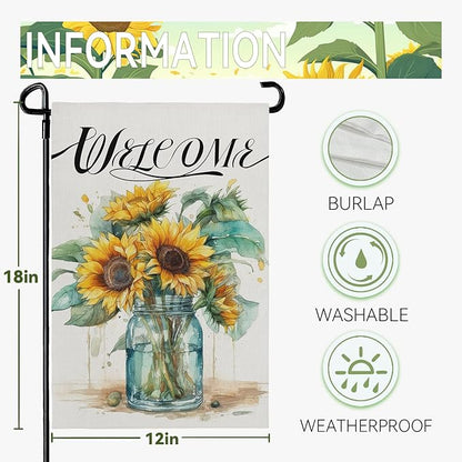 Summer Sunflower Garden Flag 12x18 Inch Double Sided Welcome Flower Vase Vertical Seasonal Yard Flags for Outdoor Yard Lawn Home Decoration