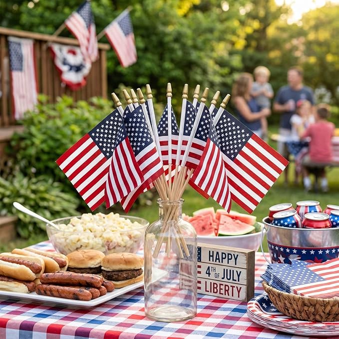 TOPFLAGS 4x6 Small American Flag on Stick 12 Pack Mini US Flags 4x6 Inch Kid-Safe Spear Top Pole for Outside 4th of July Memorial Day USA 250th Anniversary Patriotic Decorations