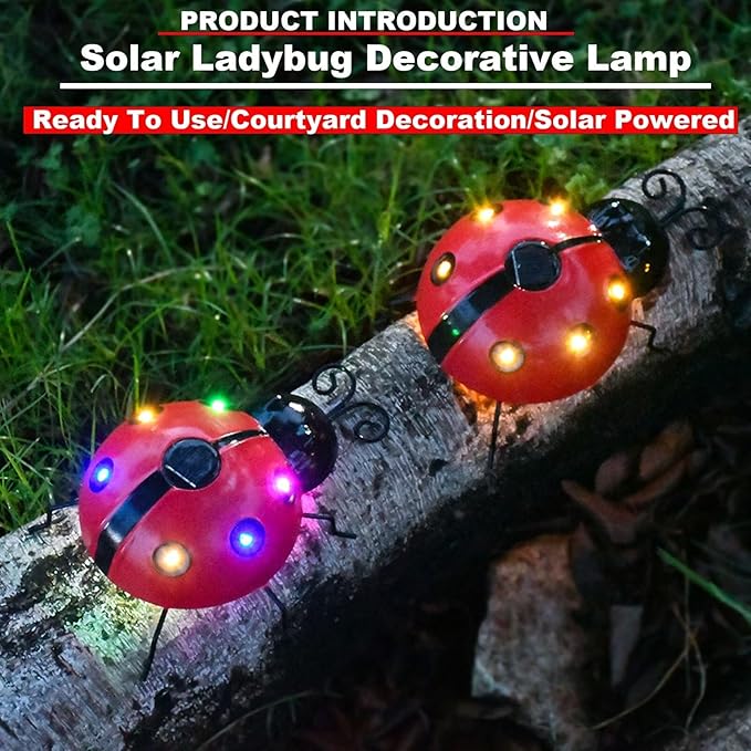 Solar Ladybug Lights Metal Garden Decor for Outside Cute Ladybugs Yard Art Lawn Ornaments Sculptures & Statues with Solar Lights Outdoor Fence Decoration for Patio