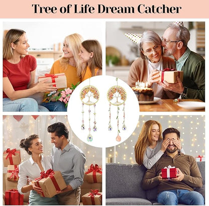 Tree of Life Dream Catchers Crystal Suncatcher with Crystal Prisms & Rose Quartz Crystals Decoration for Window Garden Patio Balcony Bedroom Crystal Gift for Audlts Girls Boys