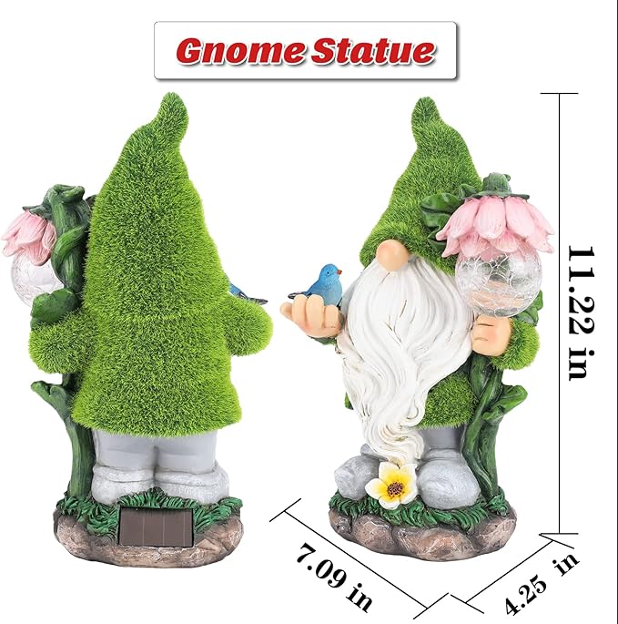 Garden Gnome Statue - Funny Gnome Decoration Hold Flower with Solar Crackle Glass Globe Lights, Resin Gnomes Figurine Ornament for Patio Yard Lawn Porch Outdoor Decor