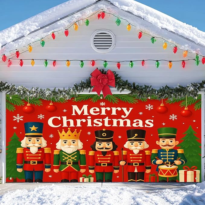 IVN Christmas Garage Door Cover Decoration 13x6ft Nutcracker Lineup Green Accents Red Banner Merry Christmas Garage Door Banner Home Door Front Yard Decor for Xmas Eve Holiday Outdoor