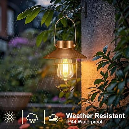 pearlstar 2 Pack Solar Lights Outdoor, Hanging Solar Lanterns with Edison Bulb and 2 x 32 Inch Shepherd Hooks, Waterproof Landscape Lighting for Garden Patio Yard Pathway Driveway Lawn (Copper)