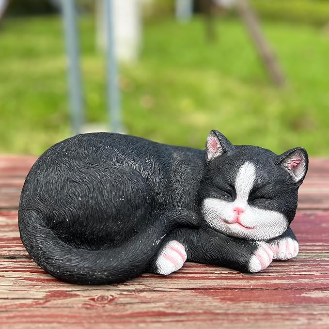 Elenon Cat Garden Statue Decorative for Yard, Black & White Sleeping Cat Figurines Home Lawn Decor, Patio Kitten Tuxedo Statues Pets Memorial Ornament for Cat Lovers