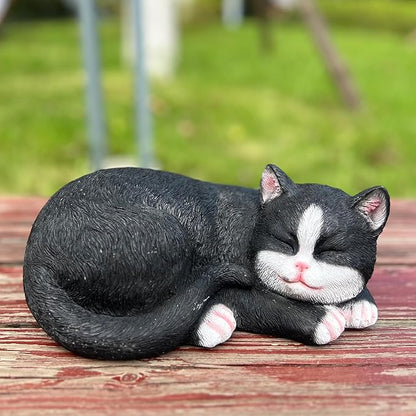 Elenon Cat Garden Statue Decorative for Yard, Black & White Sleeping Cat Figurines Home Lawn Decor, Patio Kitten Tuxedo Statues Pets Memorial Ornament for Cat Lovers