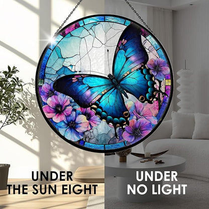 Butterfly Stained Glass Window Hanging - 7.9'' Handmade Sun Catcher Floral Garden Decor, Colorful Glass Panel Crystal Butterfly Wall Art for Home Windows - Birthday Gifts for Women, Mom, Nature Lovers