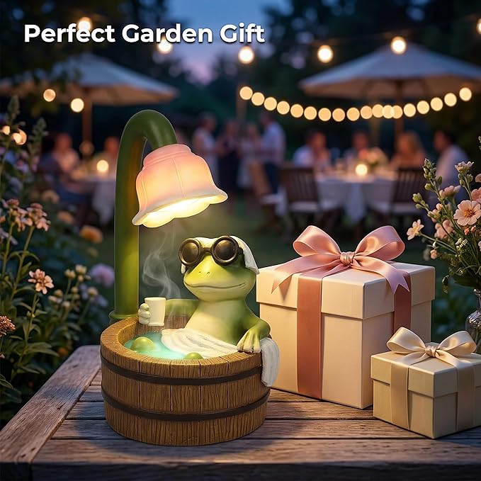 MXwcy Solar Garden Lights Frog Statue, 6.3" Resin Bath Frog Figurine Cute Frog Stuff Solar Garden Decor Accessory for Patio Yard Lawn, Frog Gifts for Women Mom Grandma