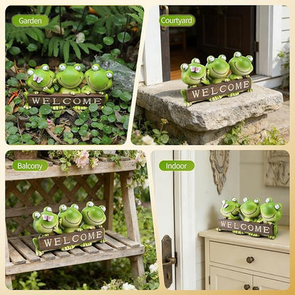 Cute 3-Pack Frog Resin Statue with Welcome Sign - 7.87 Inch”L Hand-Painted Indoor Outdoor Decor, Weather Resistant Frog Figurine for Patio, Yard & Porch