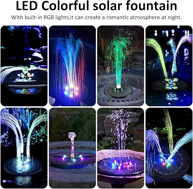 CHILDWEET Solar Powered Floating Pond Fountain Pump with Colorful LED Lights, 18cm Diameter Solar Fountain for Outdoor Garden Bird Bath and Water Feature