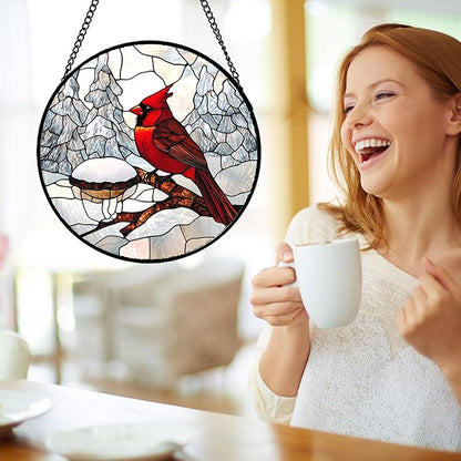 Stained Glass Window Hanging Cardinal Bird Winter Snow Scene 9.8" - Suncatcher Door Garden Sunroom Sun Catcher Home Decor Birthday Christmas for Mom Men Woman Nana