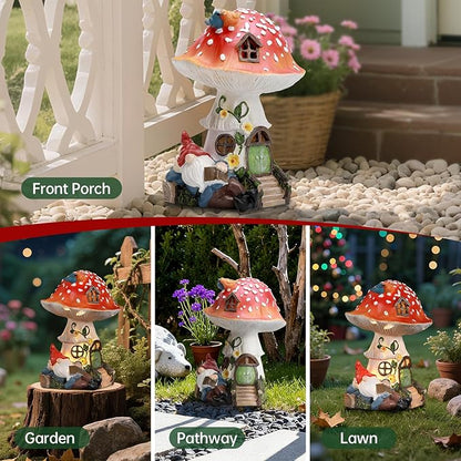 Solar Mushroom Statue Outdoor Decor,Gnome Reading Under Mushroom Figurine with LED Light, Fairy Garden Patio Lawn Yard Decor Christmas Housewarming Gifts for Women Mom Grandma