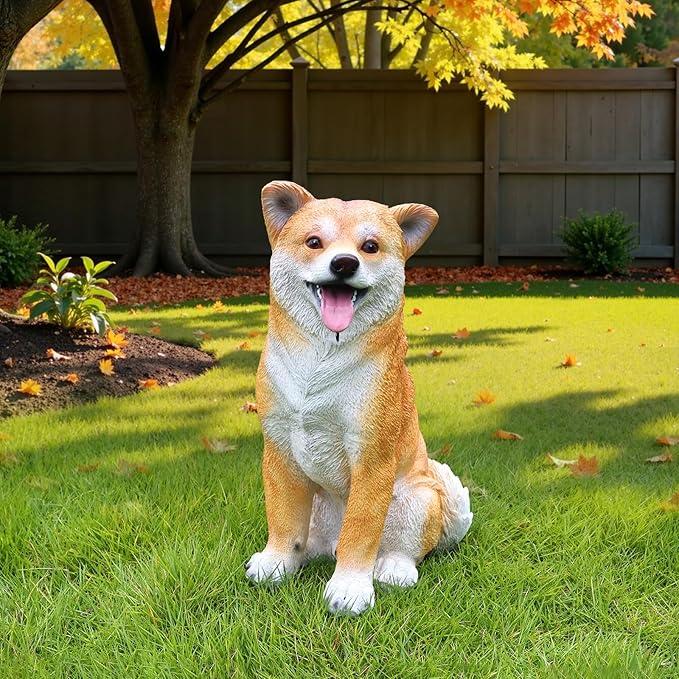Akita Dog Garden Statue with Solar Lantern & Interchangeable Welcome/On Patrol Sign, Outdoor Resin Puppy Sculpture Decor for Patio, Porch, Yard, Lawn Ornament, Gift for Dog Lovers