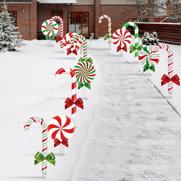 Glenmal 12 Pcs Christmas Yard Decor Outdoor Peppermint and Candy Cane Yard Decorations with Stakes Waterproof Xmas Garden Lawn Pathway Decorations Christmas Decor Outside(Red White, Red Green)