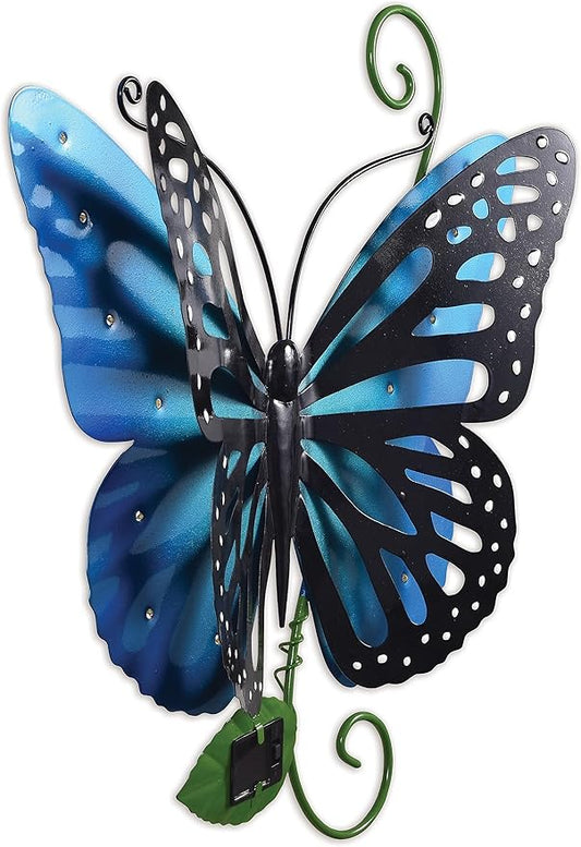Sunset Vista Designs 94454 Outdoor Metal Sculpture Solar Lights Collection Hanging Yard and Garden Art for Fence or Wall, 17", Butterfly - Blue