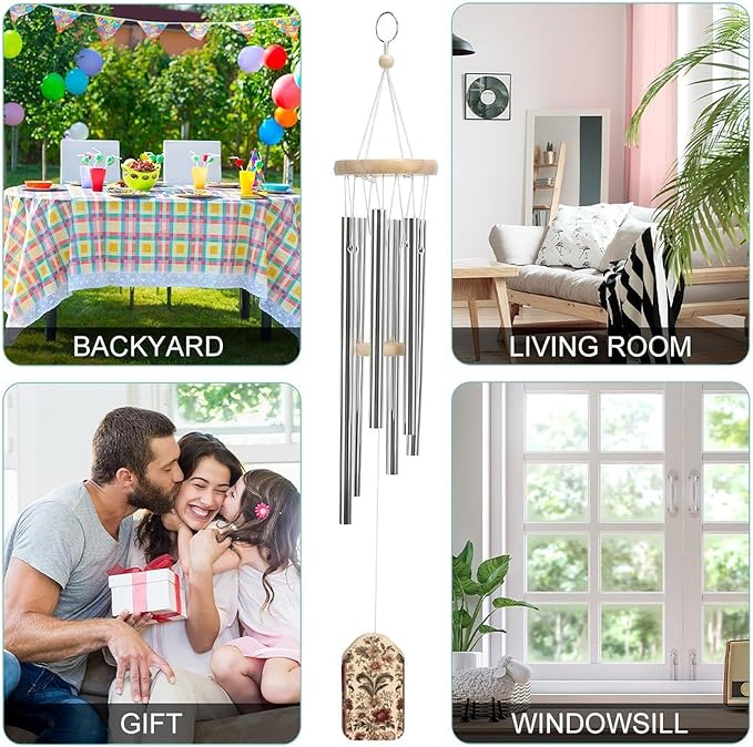 Wind Chimes for Outside,Red Stripes and Flowers Printed Cute Aluminium Windchimes Outdoors,Soothing Melodic Memorial Wind Chime for House Porch Patio Garden Balcony Decor