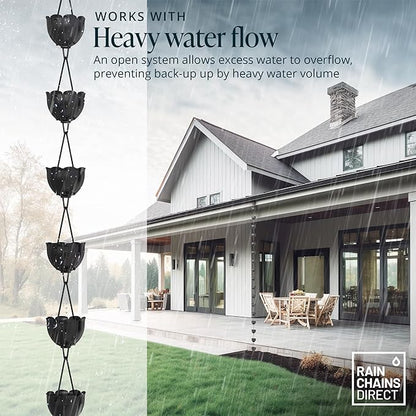Rain Chains Direct - Tulip Rain Chain - 8.5 FT - Black Powder Coated Aluminum - Premium Rain Chains for Gutters