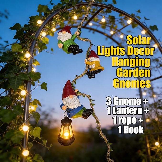 Garden Gnomes Hanging Solar Lights, 3-Pack Climbing Rope Gnome Statues with LED Lantern, Outdoor Decor for Yard Patio Door Tree Fence Wall, Housewarming Gifts for Women Mom Grandma