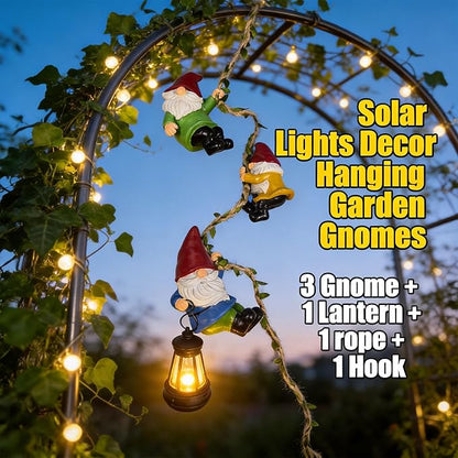 Garden Gnomes Hanging Solar Lights, 3-Pack Climbing Rope Gnome Statues with LED Lantern, Outdoor Decor for Yard Patio Door Tree Fence Wall, Housewarming Gifts for Women Mom Grandma