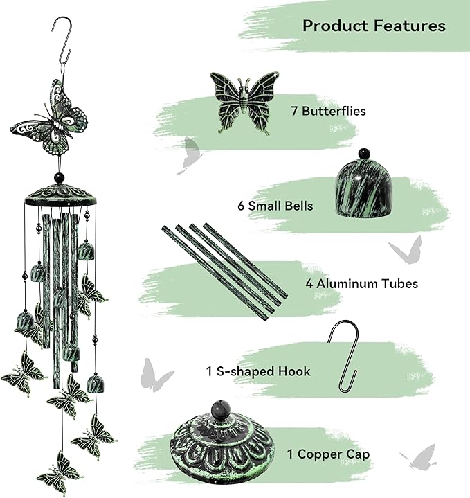 35" Butterfly Wind Chimes for Outside, Butterfly Wind Chimes Gifts for Mother's Day, Garden Decor for Outdoor Porch Patio Home Yard Decorations