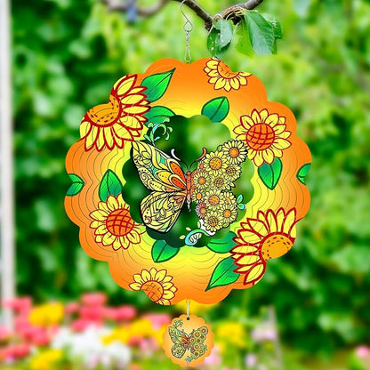 Butterfly Wind Spinners Hanging for Yard and Garden,12 inch 3D Metal Sunflower Outdoor Wind Sculptures Decor Birthday Gifts for Women Mom, Grandma, Gardening for Patio, Lawn, Balcony Porch Decorations