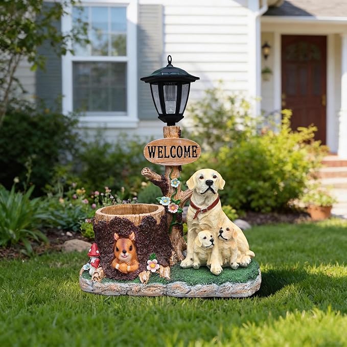 20" Solar Labrador Garden Statue with Welcome Sign & Planter - Large Dog Sculpture with LED Street Lantern - Weatherproof Resin Decorative Flower Pot for Porch, Yard & Patio - Pet Lover Gift