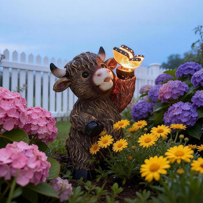 Solar Highland Cow Outdoor Statues for Garden，Outdoor Decor with Butterfly Lantern for Home House,Patio, Balcony, Yard Ornament, Birthday Gifts for Grandma Mom Women
