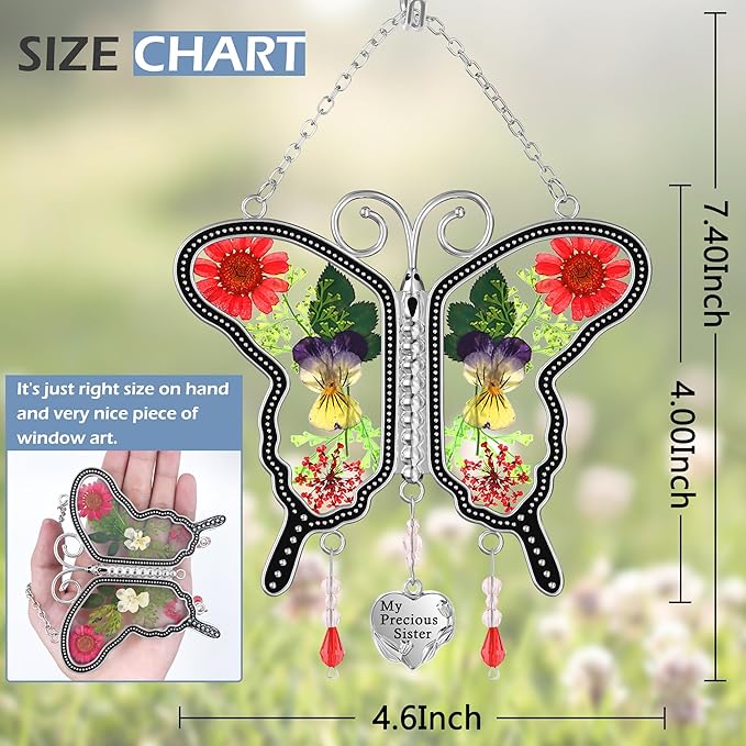 KY&BOSAM Suncatcher Butterfly Glass My Precious Sister Suncatchers Ornament hangings for Windows Wind Chime with Pressed Flower Butterfly Embedded in Glass Mother`s Day Birthdays