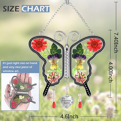 KY&BOSAM Suncatcher Butterfly Glass My Precious Sister Suncatchers Ornament hangings for Windows Wind Chime with Pressed Flower Butterfly Embedded in Glass Mother`s Day Birthdays