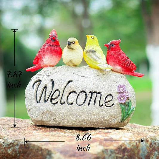 Solar Garden Statues Outdoor Decor, Welcome Sign Garden Sculptures Statue Novelty Birds Figurine Decoration for Patio Yard Porch Art Home Decor