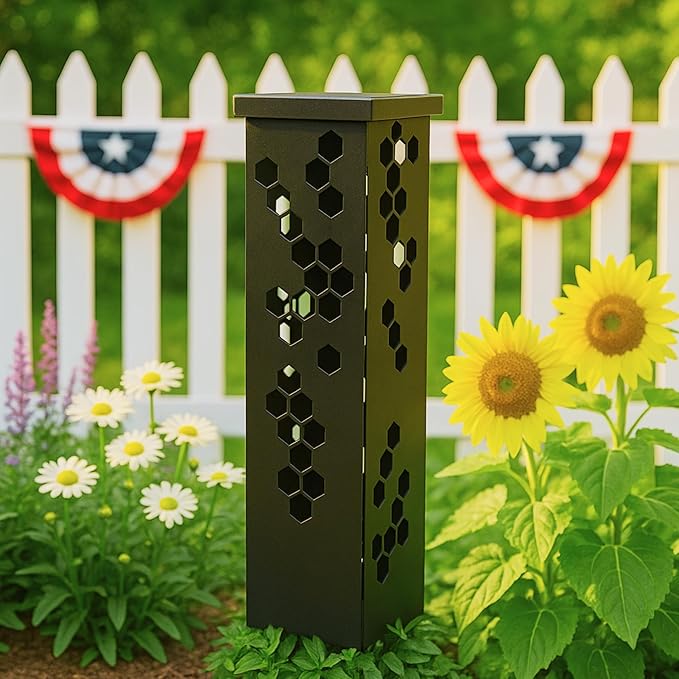 Black Metal Garden Column, Modern Garden Statues, Outdoor Modern Sculpture, Rustic Patio Columns, Vintage Gardens Pillar with Lid, Walkway Decor, Front Door Housewarming Gifts