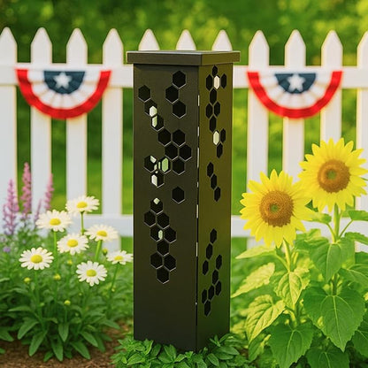Black Metal Garden Column, Modern Garden Statues, Outdoor Modern Sculpture, Rustic Patio Columns, Vintage Gardens Pillar with Lid, Walkway Decor, Front Door Housewarming Gifts