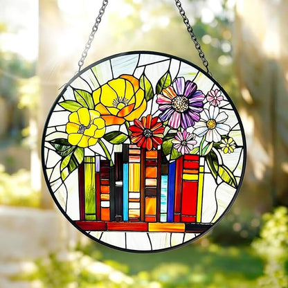 Stained Glass Sun Catchers Indoor Window, Suncatchers for Windows Hanging, Book Decor for Book Lover