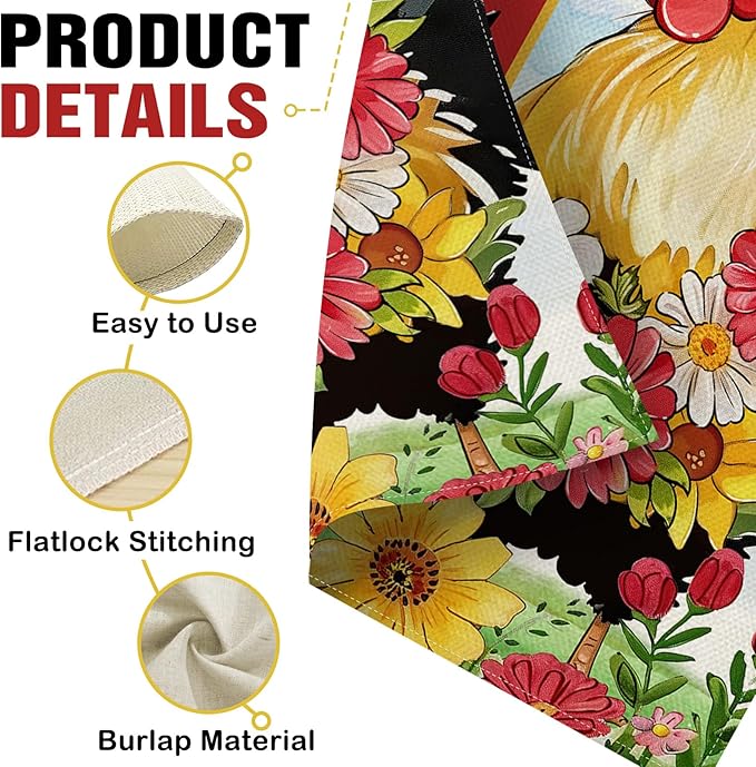 Dyrenson Welcome Spring Summer Rooster Decorative Garden Flag, Farm Animal Daisy Flower Red Yard Outside Home Decoration, Farmhouse Butterfly Burlap Outdoor Small Decor Double Sided 12 x 18