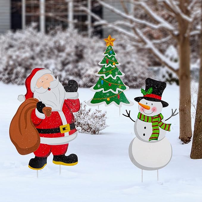 Glitzhome Metal Christmas Santa Snowman Tree Stake 3 Pack Outdoor Yard Holiday Décor, 24" H, Multicolor