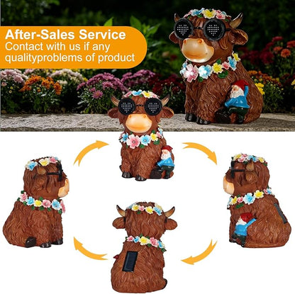Solar Garden Statues Highland Cattle with Flower and LED Lights Birthday Gifts for Women Mom Grandma Solar Outdoor Decor for Patio Backyard Yard Lawn Decoration-Unique Housewarming Gifts