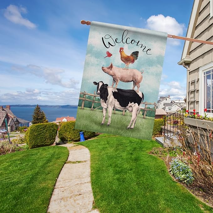 Dyrenson Welcome Summer Rooster Pig Cow Cardinal Farm Decorative House Flag, Country Yard Outside Decoration, Spring Farmhouse Outdoor Large Decor 28x40