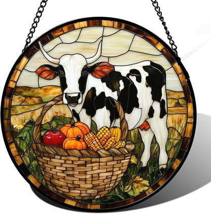 CHATYOUNG Stained Glass Window Hanging Autumn Farm Landscape Cow Pumpkin 6.3" - Modern Farmhouse Decor Suncatcher Door Garden Sunroom Sun Catcher Home Decor Birthday Christmas for Mom Men Woman Nana