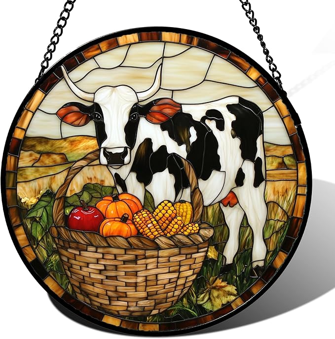 CHATYOUNG Stained Glass Window Hanging Autumn Farm Landscape Cow Pumpkin 7.8" - Modern Farmhouse Decor Suncatcher Door Garden Sunroom Sun Catcher Home Decor Birthday Christmas for Mom Men Woman Nana