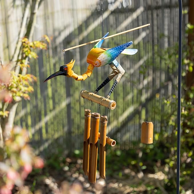 Cohasset Gift & Garden Sweet Bobbing Head Bird Bamboo Wind Chime - Unique Outdoor Rustic Decor, Medium to Large Sized for Outside Spaces, Air Brushed Pastel Gradient - Bird and Rooster Wind Chimes