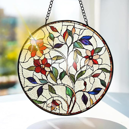 Bimkole Flower Stained Glass Suncatcher Window Hanging - Leaves Design for Indoor Window or Doorway Decoration - 7.87x7.87 inch with Chain and Hook - Unique Home Decor Gift